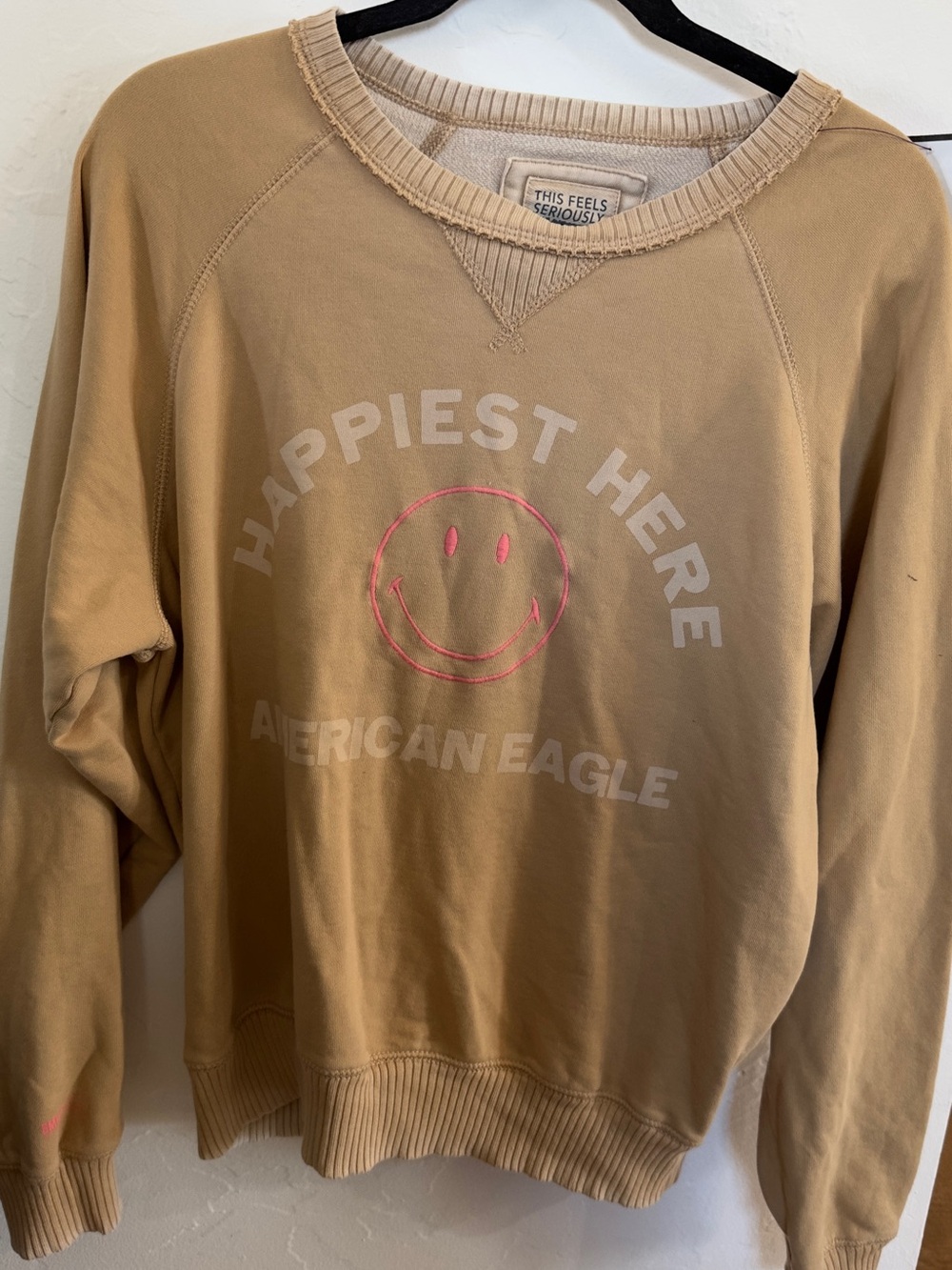 American Eagle Outfitters Tan Crewneck Sweatshirt with Pink Smile Graphic